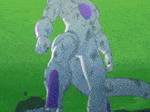 a cartoon character with a purple tail is standing in a green background