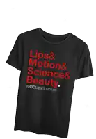 a black t-shirt with red text that says lips & motion & science & beauty