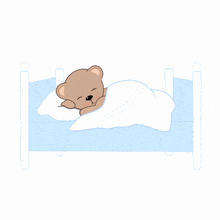 a brown teddy bear is sleeping in a bed with a white blanket