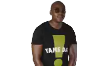 a man wearing sunglasses and a yais day t-shirt