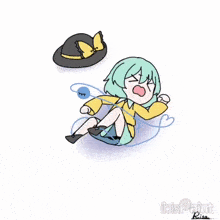 a drawing of a girl sitting on the ground with a hat on top of her head .