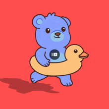 a blue teddy bear carrying a yellow rubber duck with a youtube logo on its chest