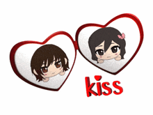a couple of hearts with a girl and a boy and the word kiss below them