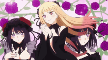 three anime girls are standing next to each other with roses in the background