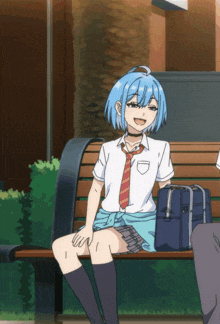 a girl with blue hair is sitting on a bench with a blue bag