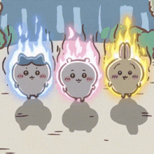 three cartoon characters are standing next to each other with fire coming out of their heads