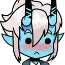 a cartoon drawing of a blue demon with horns and a sad face .
