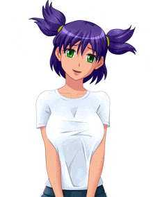 a girl with purple hair and green eyes wears a white shirt