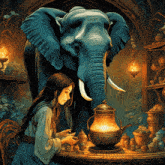 a woman sits at a table with an elephant and a teapot