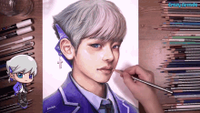 a drawing of a boy in a blue suit is on a table with colored pencils and markers