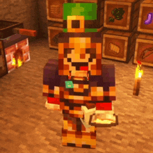 a minecraft character wearing a green hat is holding a book .
