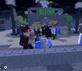 a group of people are standing in front of a shop