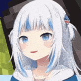 a girl with long white hair and blue eyes is smiling