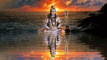 a painting of a deity sitting on a rock in the water