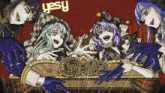 a group of cartoon characters with the word yesy on the bottom left