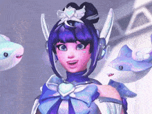 a girl in a purple and white outfit with sharks around her