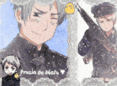 a drawing of a man holding a gun with the words " prusia de mafu " on the bottom right