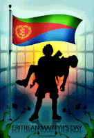 a poster for eritrean martyr 's day with a silhouette of a man carrying another man