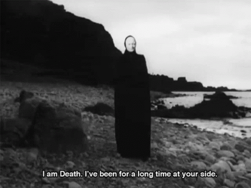 A figure in a black cloak stands on the rocky shore of the ocean. Gif caption reads, "I am Death. I've been for a long time at your side."