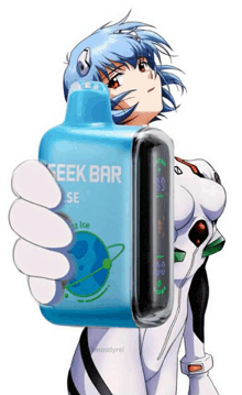 a cartoon girl is holding a bottle of seek bar