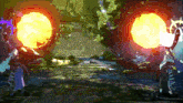 a video game scene with two characters standing in front of a river and a large fireball