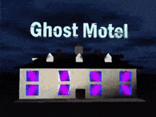 a house with purple windows and the words ghost motel written above it