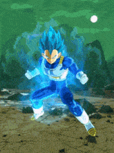 a cartoon character with blue hair is standing on a rocky surface