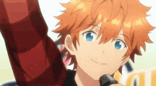 a close up of a person with orange hair and blue eyes .