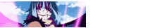 a close up of a person with blue hair and a purple background