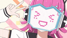 a girl with pink hair is wearing headphones and a mask with a smiley face
