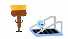 a cartoon drawing of a brush standing next to a trampoline and a fish