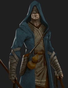 a man wearing a blue robe with a hood and bandages on his eyes