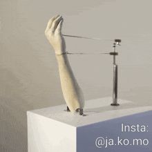 a statue of a hand on a white cube with insta @ ja.ko.mo written below it