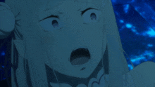 a close up of a girl 's face with a surprised look on her face