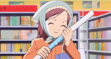 a girl with a scarf around her head is holding a broom in front of a bookshelf with the word op on it