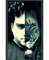 a man 's face is split in half with a lion 's face on the other half