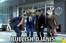 a group of men in suits are dancing in front of a building that says bullish djanis on it