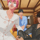 a cartoon drawing of a girl with pink hair and two men