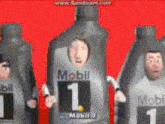 three bottles of mobil 1 are standing next to each other on a red background