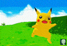 a pikachu is standing in a grassy field with mountains in the background .