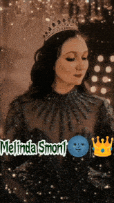a woman wearing a black dress and a tiara with the name melinda smont on the bottom