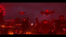 a group of soldiers are standing in front of a giant robot that has a red light on it