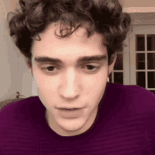a young man with curly hair wearing a purple sweater is looking at the camera .