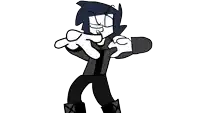 a black and white cartoon character is making a funny face and pointing at the camera