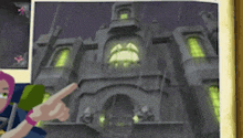 a cartoon drawing of a castle with a person pointing to it
