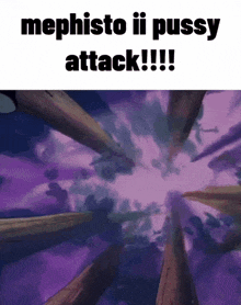 a cartoon scene with the words `` mephisto ii pussy attack '' written on it .