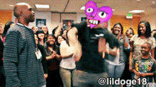 a man with a cartoon face on his head is dancing in front of a crowd with the hashtag lildoge18 on the bottom
