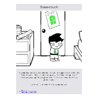 a black and white drawing of a boy standing in front of a door with a sign on it that says home stuck