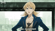 a cartoon character says nope no comment in front of a window