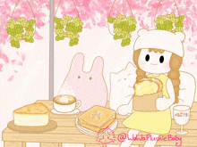 a drawing of a girl sitting at a table with a bunch of cakes and a cat